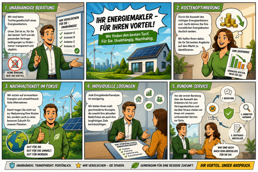Unabhängige Beratung: Wir sind keine Tochtergesellschaft eines Energieanbieters. Unser Ziel ist es, für Sie den besten Tarif und die passenden Vertragsbedingungen zu finden – immer transparent und objektiv.

Kostenoptimierung: Durch die Auswahl des richtigen Energieanbieters und -tarifs können Sie Ihre monatlichen Energiekosten deutlich senken. Wir helfen Ihnen dabei, die für Sie besten Angebote auf dem Markt zu identifizieren.

Nachhaltigkeit im Fokus: Wir setzen auf erneuerbare Energien und umweltfreundliche Alternativen. Damit tragen Sie nicht nur zur Reduzierung Ihrer Kosten bei, sondern auch zu einer besseren Zukunft für unseren Planeten.

Individuelle Lösungen: Jede Energiebedarfsanalyse ist einzigartig. Wir bieten Ihnen maßgeschneiderte Konzepte, die sowohl Ihre aktuellen Bedürfnisse als auch Ihre langfristigen Ziele berücksichtigen.

Rundum-Service: Von der ersten Beratung über die Auswahl des Anbieters bis hin zum Vertragsabschluss und darüber hinaus stehen wir Ihnen mit unserem umfassenden Service zur Seite.